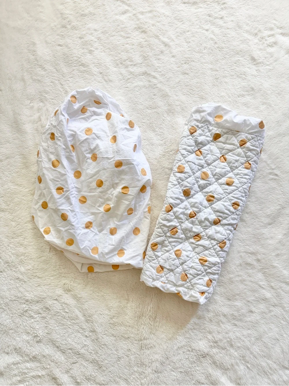Crate & Barrel 2 Piece Set Crib Sheet and Changing Pad Cover Gold Dot Print